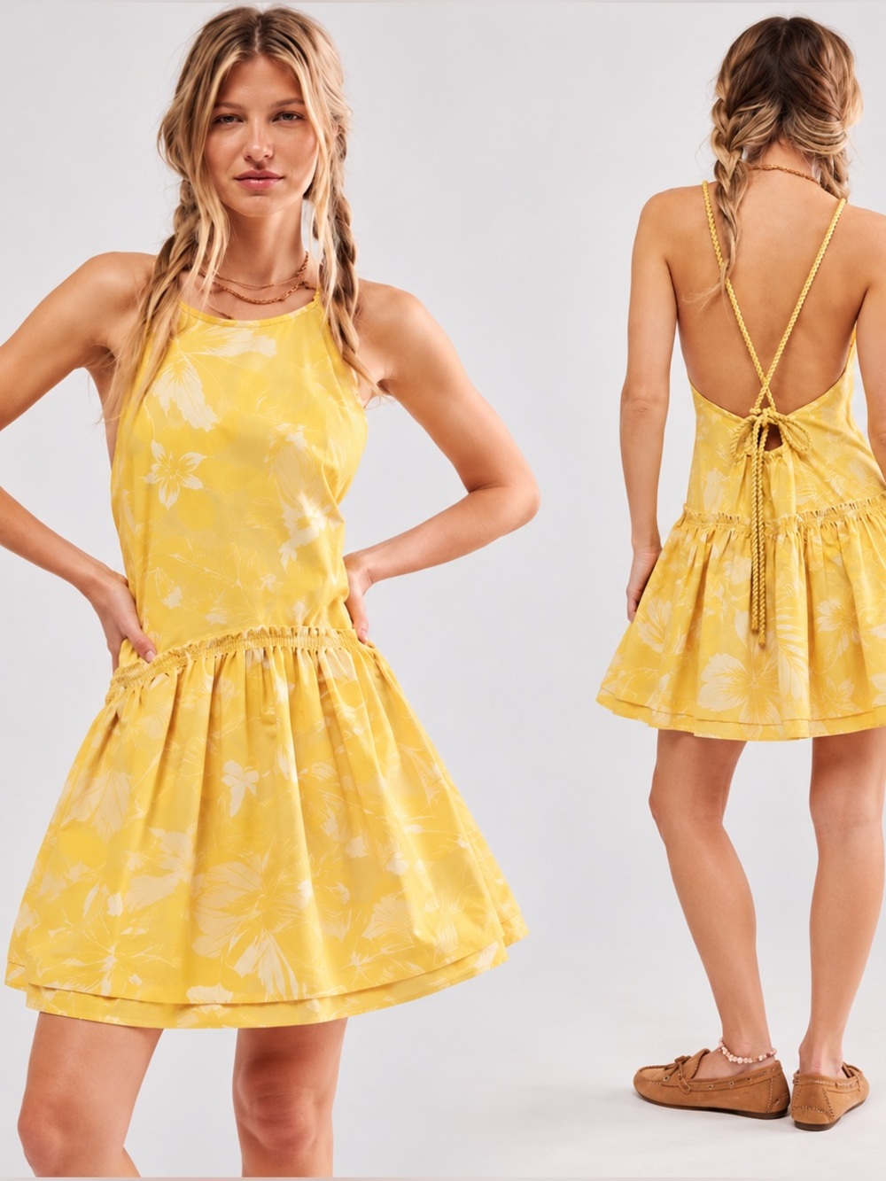 Free People Deserted Island Mini Dress in a sunny yellow floral print